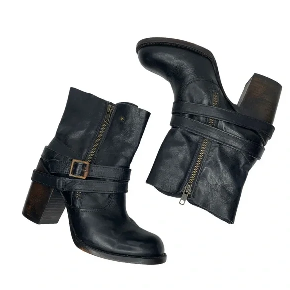 Free Bird by Steven Black Leather Bama Ankle Bootie Heels Boots Buckle Zippers 8 - Picture 3 of 12